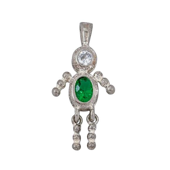 Boy Child Dangle Charm | Green Cubic Zirconia | Sterling Silver 925 Pendant - Picture 2 of 7